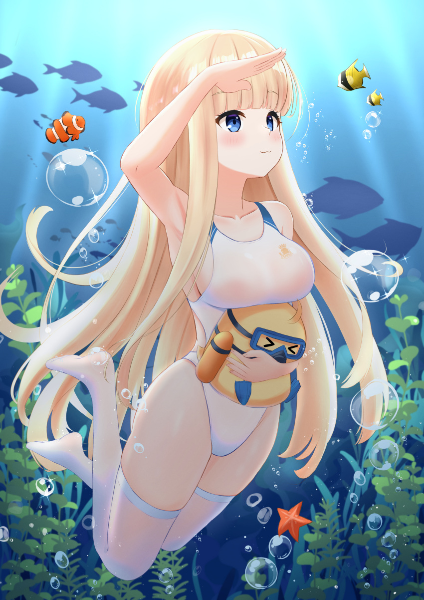 1other absurdres air_bubble azur_lane blonde_hair blue_eyes breasts bubble clownfish competition_swimsuit coral coral_reef day female fish freediving highres holding_breath icarus_(azur_lane) icarus_(nereid's_discovery)_(azur_lane) large_breasts long_hair manjuu_(azur_lane) ocean official_alternate_costume one-piece_swimsuit outdoors paashe royal_navy_emblem_(azur_lane) school_of_fish seaweed starfish submerged swimming swimsuit thighhighs tropical_fish underwater water white_one-piece_swimsuit white_thighhighs