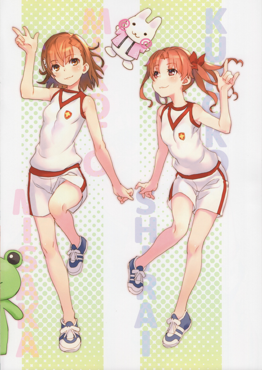 2girls :3 absurdres asymmetrical_bangs bare_arms bare_legs bare_shoulders blue_footwear bow breasts character_name closed_mouth crest dot_nose flower frog full_body green_background grey_background hair_flower hair_ornament hairbow hand_up highres knees leg_up light_blush medium_hair misaka_mikoto multiple_girls orange_eyes orange_hair parted_bangs polka_dot polka_dot_background rabbit raika9 red_bow shirai_kuroko shirt shoes shorts sleeveless sleeveless_shirt small_breasts smile sneakers striped_background third-party_source tight_clothes tight_shirt toaru_kagaku_no_railgun toaru_majutsu_no_index tokiwadai_school_gym_uniform twintails two-tone_background wavy_hair white_flower white_shirt white_shorts