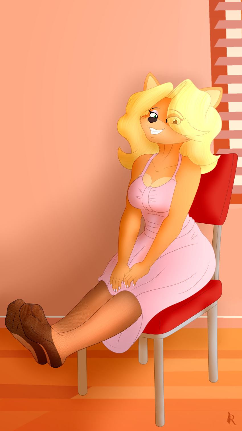 absurd_res activision anthro bandicoot chair clothing colored_nails crash_(series) digiqrow dress feet female foot_fetish furniture hi_res humanoid_feet humanoid_hands legwear mammal marsupial nails pantyhose plantigrade smile solo tawna_bandicoot