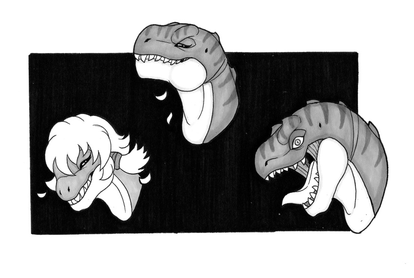 accessory alpha_channel angry black_and_white black_background cheerleader closed_eyes dinosaur earhole eyelashes female feral hair hair_accessory hair_loss hairband headshot_portrait hi_res identity_death inktober ivanks long_hair long_neck long_tongue looking_at_viewer mental_transformation mid_transformation monochrome open_mouth portrait prehistoric_species pupils reptile roaring scales scalie sharp_teeth side_view simple_background slit_pupils snout solo species_transformation spines stripes teeth theropod tongue tongue_out transformation twintails_(hairstyle) tyrannosaurid tyrannosauroid tyrannosaurus tyrannosaurus_rex