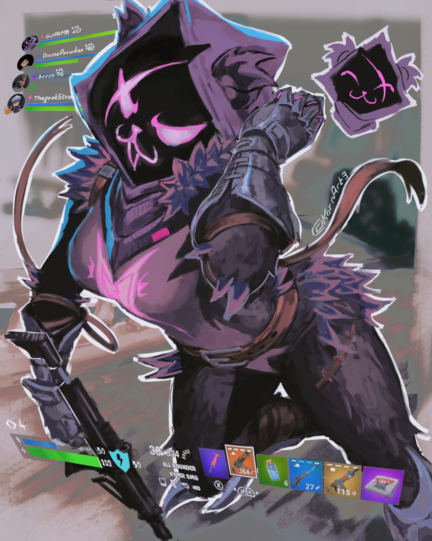 >:3 2024 4:5 absurd_res action_pose anthro arm_strap arm_tuft arm_wraps armor artist_name bear belt boots breasts broken_heart broken_heart_tattoo chest_tattoo clothing dark_armor dark_body dark_clothing dark_fur ear_tuft epic_games eye_scar facial_scar female footwear fortnite fur furgonomic_headwear furgonomics gameplay_mechanics gauntlets gloves glowing glowing_eyes glowing_mouth glowing_nose glowing_scar glowing_tattoo gui gun handwear harness health_bar hi_res hip_tuft holding_gun holding_object holding_ranged_weapon holding_weapon hood kornart3 leaning leaning_forward leg_scar mammal multicolored_body multicolored_fur open_:3 outline pink_eyes pink_mouth pink_nose pink_scar portrait pose purple_body purple_clothing purple_fur purple_hood ranged_weapon raven_team_leader scar schynbalds shaded shadow_face shoes shoulder_tuft solo submachine_gun surgical_suture tattoo three-quarter_portrait tuft vambrace weapon white_outline wraps