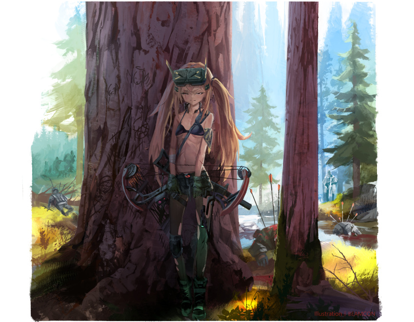 6+others absurdres arrow_(projectile) artist_name assault_rifle bandaged_arm bandages beamcon blonde_hair blood boots bow_(weapon) bra breasts canine combat_boots compound_bow corpse cuts day english_commentary facing_viewer female forest full_body girls'_frontline gloves grass gun hair_ornament half-closed_eyes hiding highres injury knee_pads long_hair military moss multiple_others nature navel no_shirt outdoors pantyhose red_eyes rifle shorts single_knee_pad skinny small_breasts solo_focus standing stomach stream sunlight torn_clothes torn_pantyhose tree twintails ump9_(girls'_frontline) underboob underwear very_long_hair water weapon