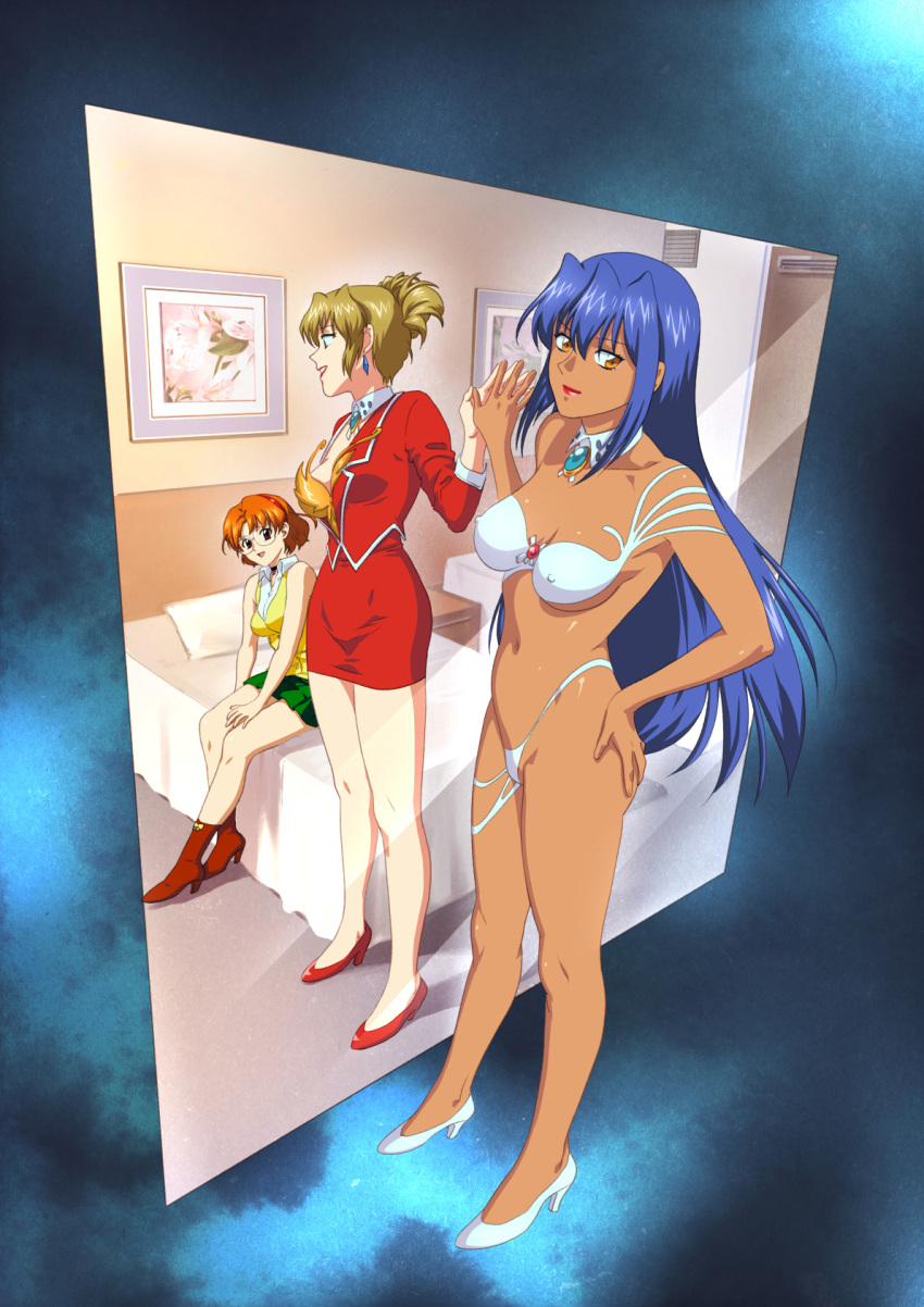 3girls agent_aika aida_rion aika_(series) blue_hair breasts brown_eyes brown_hair bustier collarbone commentary_request dark-skinned_female dark_skin detached_collar dual_persona folded_ponytail glasses green_hairband hairband high_heels highres jacket jewelry long_hair long_sleeves looking_at_viewer medium_breasts mirror multiple_girls oldschool-girl orange_hair ponytail red_skirt reflection shivie_aika short_hair sitting skirt smile standing sumeragi_aika transformation white_footwear