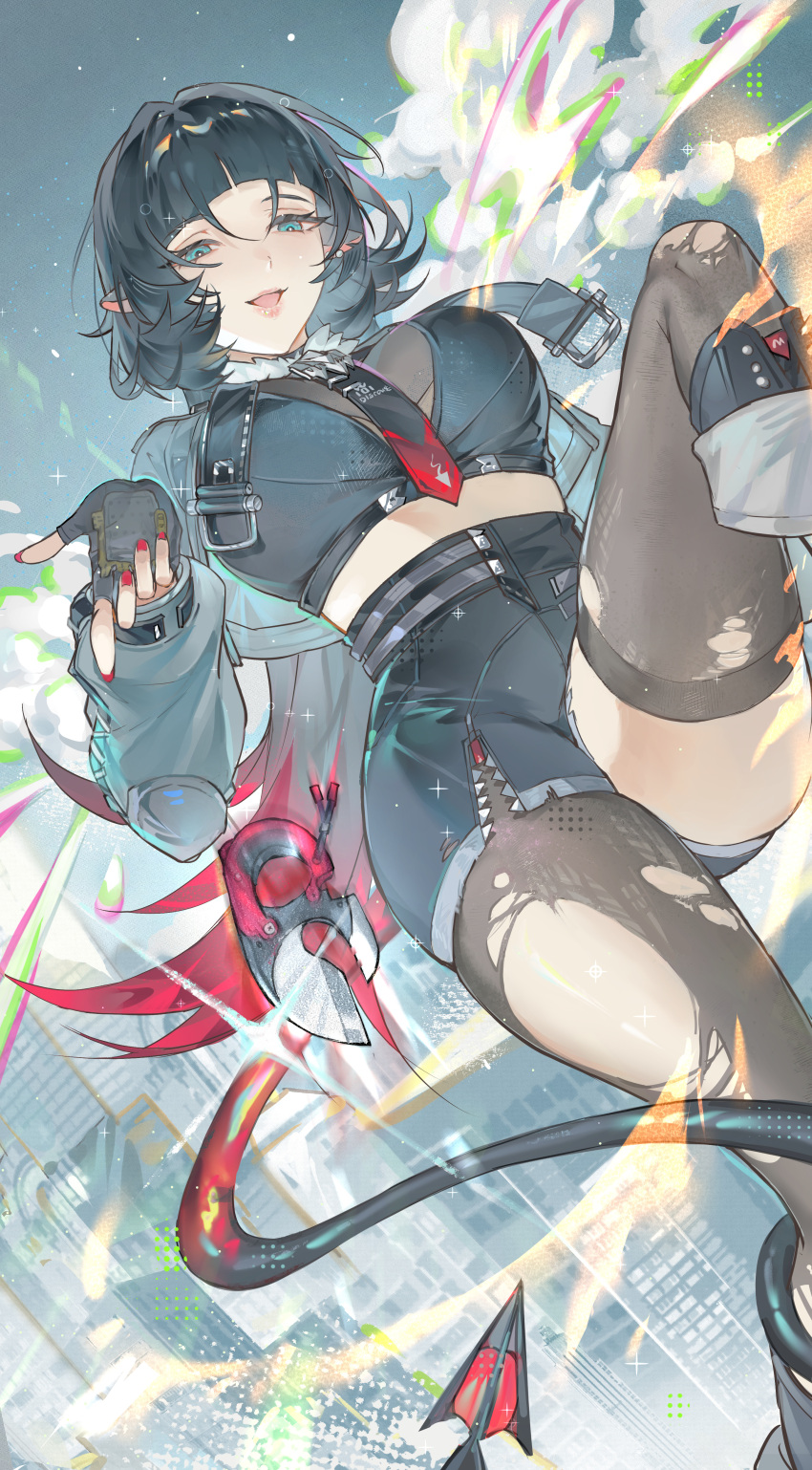 :d absurdres animal_ears black_hair black_pantyhose black_shorts black_thighhighs blunt_bangs boots breasts city feet_out_of_frame female fur-trimmed_jacket fur_trim gradient_hair green_eyes grey_jacket grey_sky high-waist_shorts highres huang_huo_liaoyuan jacket jane_doe_(zenless_zone_zero) knee_boots knee_up large_breasts long_hair looking_at_viewer midriff mouse_ears mouse_girl mouse_tail multicolored_hair pantyhose red_hair red_nails sharp_tail short_shorts shorts single_leg_pantyhose skindentation sky smile smoke solo tail thighhighs torn_clothes torn_pantyhose torn_thighhighs zenless_zone_zero