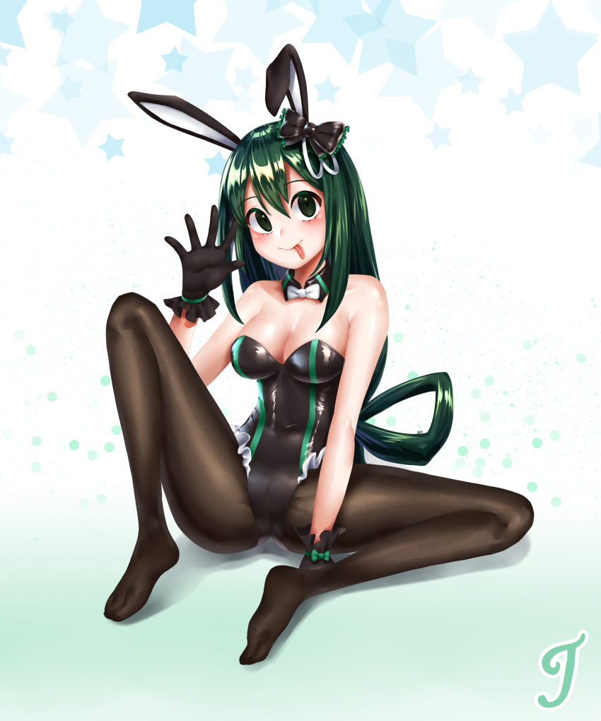 :> absurdres animal_ears asui_tsuyu black_eyes black_pantyhose boku_no_hero_academia commentary_request commission female full_body gloves hair_rings highres jewelry long_hair long_tongue looking_at_viewer low-tied_long_hair pantyhose playboy_bunny rabbit_ears simple_background smile solo teddyellow tongue tongue_out