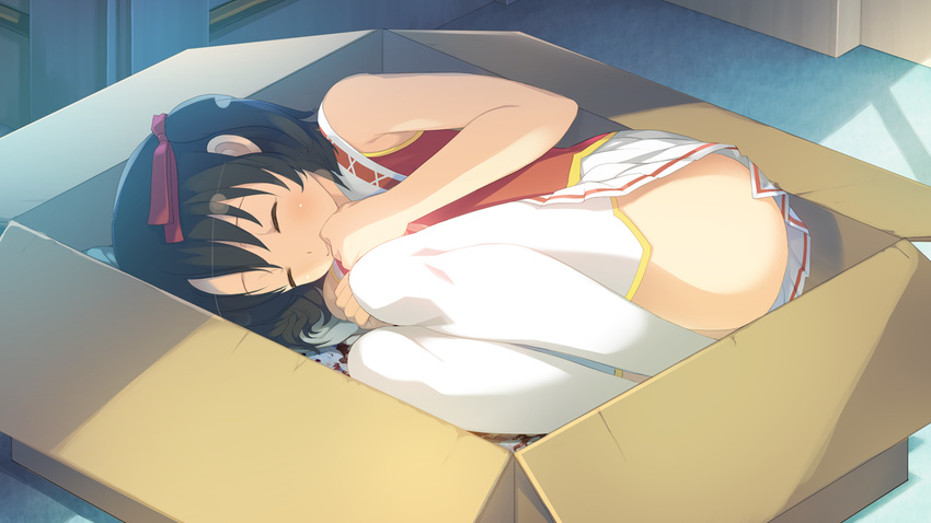 ass black_hair blush box closed_eyes evenicle female game_cg gurigura highres in_box in_container legs lying on_side shadow short_hair skirt sleeping solo thighs upskirt white_legwear yaegashi_nan