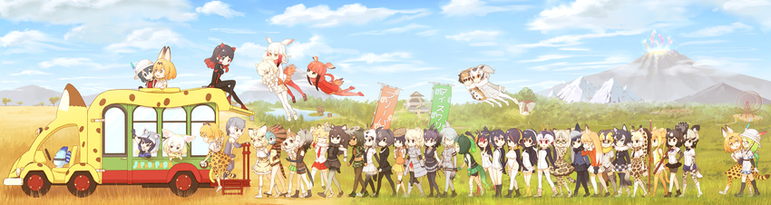 6+girls :d absurdres african_wild_dog_(kemono_friends) african_wild_dog_print alpaca_ears alpaca_suri_(kemono_friends) american_beaver_(kemono_friends) animal_ears animal_print ankle_wrap antlers aqua_hair arabian_oryx_(kemono_friends) armadillo_ears armor aurochs_(kemono_friends) banner bear_ears bear_tail beaver_ears beaver_tail bionekojita bird_tail black-tailed_prairie_dog_(kemono_friends) black_eyes black_gloves black_hair black_pantyhose black_thighhighs blonde_hair blue_eyes blue_ribbon blue_sky bow bowtie brown_bear_(kemono_friends) brown_eyes brown_hair brown_thighhighs camouflage_trim campo_flicker_(kemono_friends) carrying cat_ears cat_tail chameleon_tail closed_eyes commentary common_raccoon_(kemono_friends) crested_porcupine_(kemono_friends) day dog_ears dog_tail dual_persona elbow_gloves emperor_penguin_(kemono_friends) eurasian_eagle_owl_(kemono_friends) everyone ezo_red_fox_(kemono_friends) fennec_(kemono_friends) ferris_wheel flying fox_ears fox_tail fur_collar gazelle_ears gentoo_penguin_(kemono_friends) geta giant_armadillo_(kemono_friends) giraffe_ears giraffe_horns giraffe_print glasses gloves golden_snub-nosed_monkey_(kemono_friends) gradient_hair gradient_legwear gradient_ribbon green_hair grey_gloves grey_hair grey_legwear grey_wolf_(kemono_friends) hair_between_eyes hair_over_one_eye hands_in_pockets hat hat_feather head_wings headphones helmet heterochromia high-waist_skirt highres hippopotamus_(kemono_friends) hippopotamus_ears hood hoodie horns humboldt_penguin_(kemono_friends) jacket jaguar_(kemono_friends) jaguar_ears jaguar_print japanese_black_bear_(kemono_friends) japanese_crested_ibis_(kemono_friends) japari_bus kaban_(kemono_friends) kemono_friends kneehighs landscape lion_(kemono_friends) lion_ears long_hair lucky_beast_(kemono_friends) margay_(kemono_friends) margay_print mirai_(kemono_friends) monkey_ears moose_(kemono_friends) moose_ears moose_tail mountain multicolored_hair multiple_girls nature neck_ribbon necktie northern_white-faced_owl_(kemono_friends) open_mouth orange_bow orange_bowtie orange_eyes otter_ears outdoors panther_chameleon_(kemono_friends) pantyhose paw_stick pink_ribbon pith_helmet ponytail porcupine_ears print_bow print_bowtie print_gloves print_pantyhose print_skirt print_socks print_thighhighs raccoon_ears red_eyes red_hair red_pantyhose reticulated_giraffe_(kemono_friends) ribbon rockhopper_penguin_(kemono_friends) royal_penguin_(kemono_friends) sand_cat_(kemono_friends) sandstar scarlet_ibis_(kemono_friends) serval_(kemono_friends) serval_print shoebill_(kemono_friends) short_hair silver_fox_(kemono_friends) skirt sky small-clawed_otter_(kemono_friends) smile snake_tail socks staff striped_tail tail tengu-geta thighhighs tsuchinoko_(kemono_friends) twintails two-tone_bowtie volcano white_bow white_bowtie white_hair white_rhinoceros_(kemono_friends) white_socks white_thighhighs wings wolf_ears wolf_tail yellow_bow yellow_bowtie yellow_eyes yellow_legwear