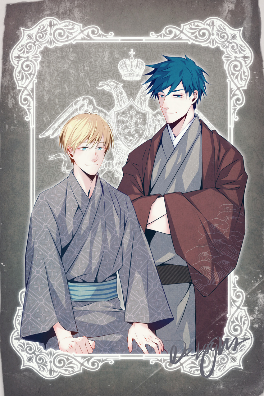 2boys acca_13-ku_kansatsu-ka bad_id bad_pixiv_id blonde_hair blue_eyes blue_hair crest crossed_arms crown delight_hsia highres japanese_clothes jean_otus kimono looking_at_viewer male_focus multiple_boys niino_(acca) wave_print wide_sleeves