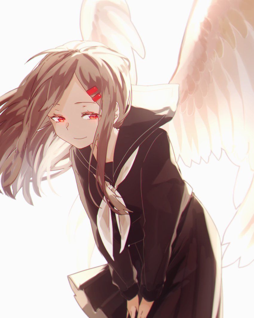 angel_wings black_sailor_collar black_serafuku black_skirt brown_hair closed_mouth commentary cowboy_shot feathered_wings female floating_hair hair_ornament hairclip half-closed_eyes highres hisu_(hiss_1107) kagerou_project leaning leaning_forward light_brown_hair light_smile long_hair long_sleeves looking_to_the_side mekakucity_actors neckerchief no_bangs no_scarf pleated_skirt red_eyes sailor_collar sailor_collar_lift school_uniform serafuku simple_background skirt smile solo tateyama_ayano v_arms white_background white_neckerchief white_wings wings