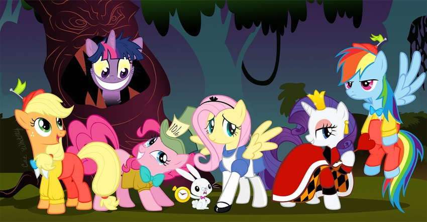 alice_(alice_in_wonderland) alice_in_wonderland angel_(mlp) anthro anthrofied applejack_(mlp) blonde_hair blue_eyes brother_(lore) brothers_(lore) cheshire_cat clothed clothing crown earth_pony equid equine female feral fluttershy_(mlp) freckles friendship_is_magic green_eyes hair hasbro headgear horn horse lagomorph legwear leporid mad_hatter mammal my_little_pony mythological_creature mythological_equine mythology open_mouth pegasus pink_hair pinkie_pie_(mlp) pony purple_eyes purple_hair queen_of_hearts_(alice_in_wonderland) queen_of_hearts_(disambiguation) rabbit rainbow_dash_(mlp) rarity_(mlp) sibling_(lore) smile stockings tweedledee tweedledum twilight_sparkle_(mlp) unicorn wings