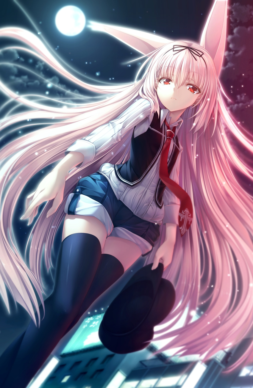 animal_ears black_thighhighs blue_shorts char_(2v_26) female full_moon game_cg gleam_garden_no_shoujo hairband highres long_hair luna_(gleam_garden_no_shoujo) moon necktie night night_sky pink_hair rabbit_ears red_eyes shorts sky solo thighhighs