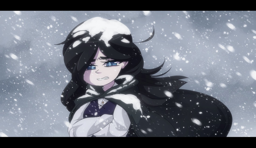 black_cape black_hair blizzard blue_eyes cape clenched_teeth cold commentary crossed_arms english_commentary fake_screenshot female francisca_(kirby) highres humanization kirby:_star_allies kirby_(series) letterboxed littlecloudie long_hair origin_story snow snow_on_head solo spoilers teeth upper_body very_long_hair vest