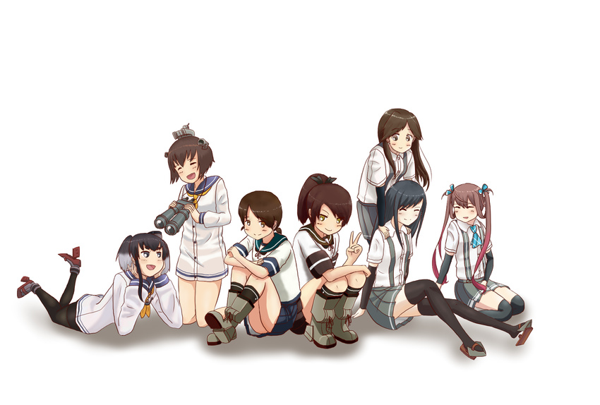 6+girls arashio_(kancolle) asagumo_(kancolle) asashio_(kancolle) binoculars black_hair black_pantyhose black_socks black_thighhighs brown_eyes brown_hair closed_eyes commentary_request dress hair_ribbon headgear highres kantai_collection long_hair multicolored_hair multiple_girls open_mouth pantyhose ponytail ribbon sailor_dress school_uniform serafuku shikinami_(kancolle) shirayuki_(kancolle) shirt short_hair short_hair_with_long_locks simple_background sitting skirt smile socks suspenders thighhighs tied_shirt tiger_(tiger-kimu) tokitsukaze_(kancolle) twintails white_background yukikaze_(kancolle)