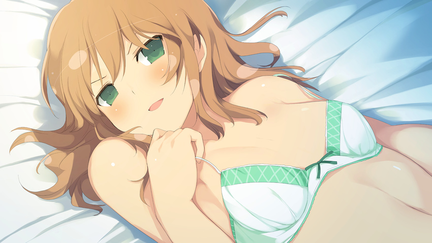 bed blush bra breasts brown_hair evenicle female game_cg green_eyes highres kathryn long_hair looking_at_viewer lying navel open_mouth small_breasts solo underwear yaegashi_nan