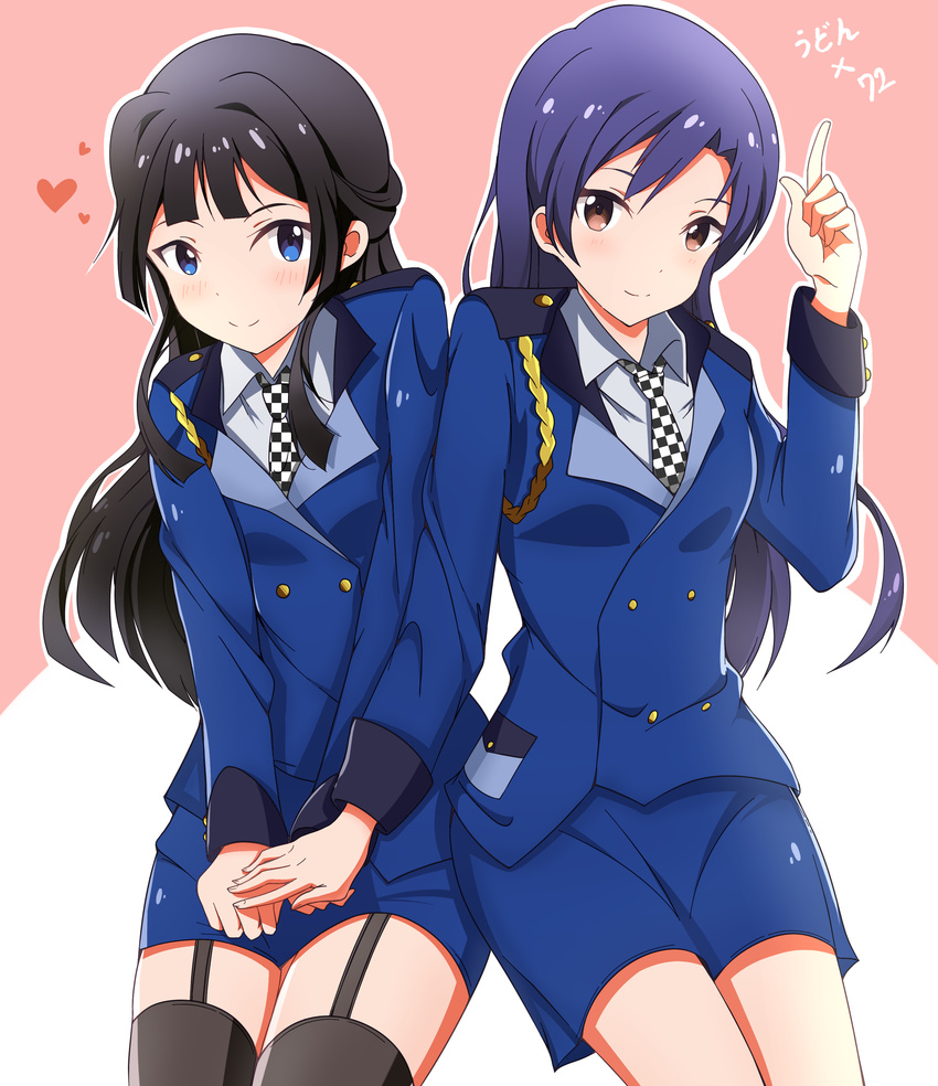 2girls 5553pp absurdres bad_id bad_pixiv_id black_hair blue_eyes blue_hair brown_eyes garter_straps highres idolmaster idolmaster_(classic) idolmaster_million_live! kisaragi_chihaya long_hair mogami_shizuka multiple_girls smile thighhighs