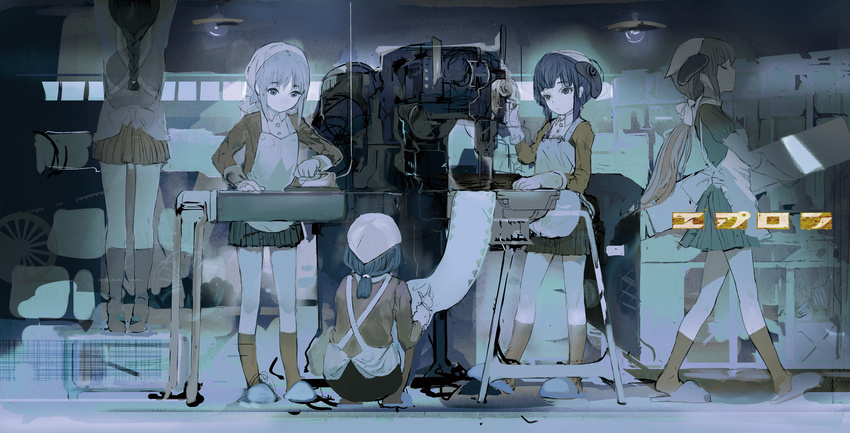 5girls apron bandana cloth clothes_iron commentary_request gloves highres holding_clothes_iron ironing_board kneehighs multiple_girls original pleated_skirt sewing_machine short_ponytail skirt slippers socks squatting uturo