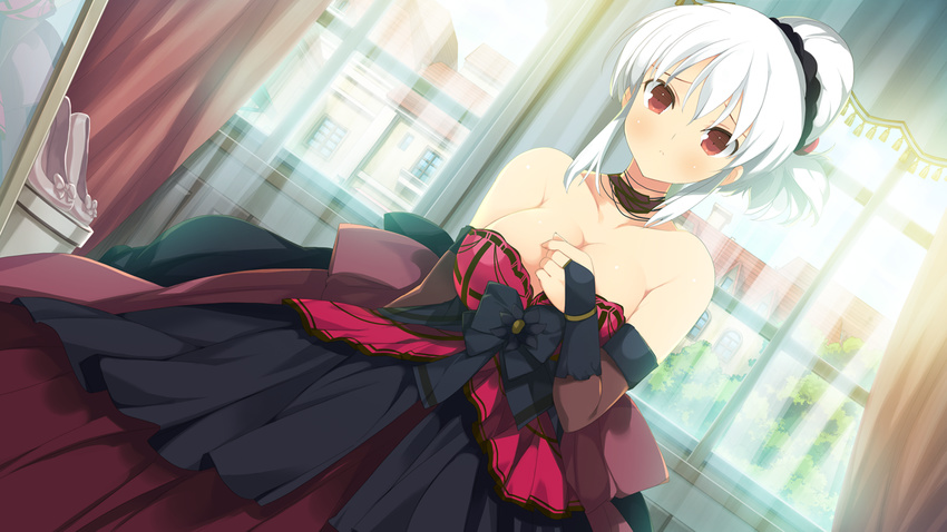 bare_shoulders blush breasts cleavage curtains dress elbow_gloves evenicle female female game_cg gloves hair_bun hair_up highres large_breasts looking_at_viewer mirror ramius red_eyes solo standing white_hair window yaegashi_nan