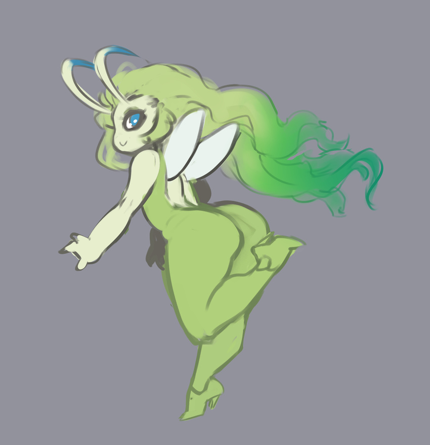 ambiguous_gender ass blue_eyes butt_pose celebi clothed clothing female footwear generation_2_pokemon green_hair grey_background hair hi_res high_heels humanoid legendary_pokemon liveforthefunk long_hair looking_back nintendo pokemon pokemon_(species) pose shoes simple_background smile solo wings