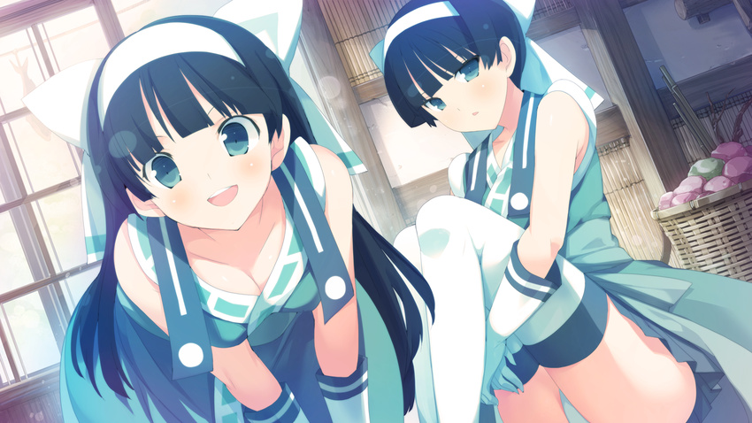 2girls black_hair blue_eyes blush breasts cleavage evenicle game_cg gloves hairband highres japanese_clothes kinou kyou large_breasts leaning_forward leg_hug legs long_hair looking_at_viewer multiple_girls open_mouth panties short_hair sitting skirt smile staring thighhighs thighs underwear white_legwear yaegashi_nan