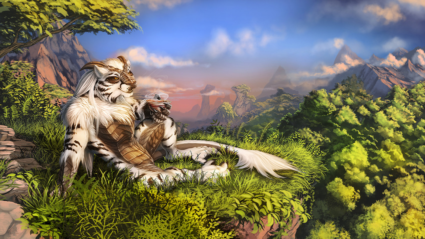 2016 amazing_background ambiguous_gender anthro biped container cup detailed detailed_background digital_media_(artwork) dragon featureless_crotch felid horn hybrid jackrow mammal mythological_creature mythological_scalie mythology open_mouth outside pantherine scales scalie sitting smile solo story story_in_description tail tail_tuft tiger tuft wairu