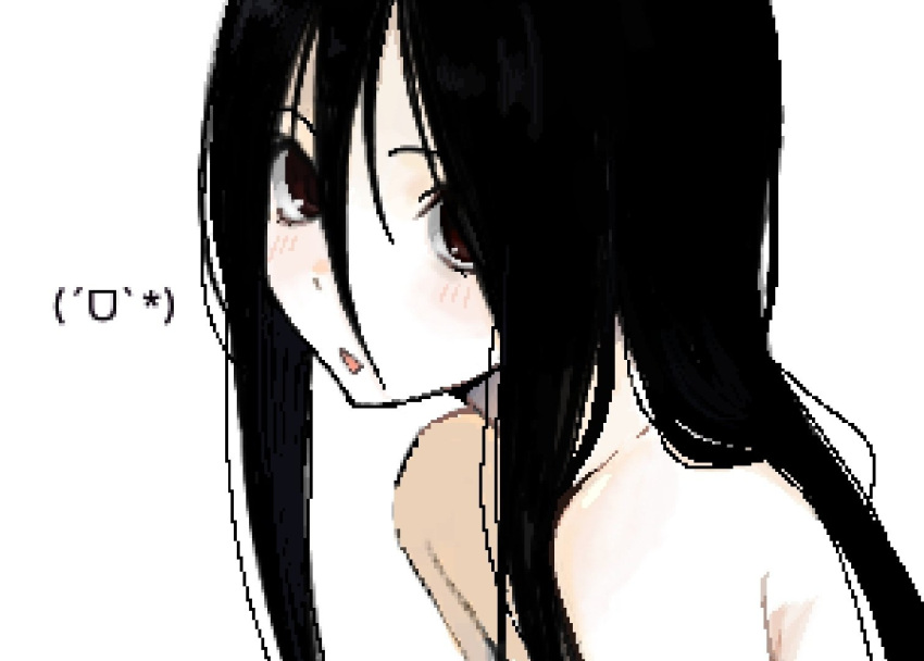 black_hair blush brown_eyes female hair_between_eyes komori_kiri long_hair looking_at_viewer nithzenithh nude open_mouth sayonara_zetsubou_sensei simple_background smile solo upper_body very_long_hair white_background