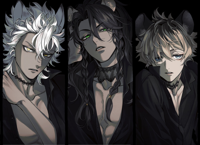 3boys animal_ears black_background black_shirt blue_eyes braid brown_hair green_eyes highres hyena_boy hyena_ears jack_howl leona_kingscholar lion_boy lion_ears long_hair looking_at_viewer male_focus multiple_boys plunging_neckline redrabbit44 ruggie_bucchi scar scar_across_eye shirt short_hair simple_background slit_pupils twin_braids twisted_wonderland upper_body white_hair wolf_boy wolf_ears yellow_eyes