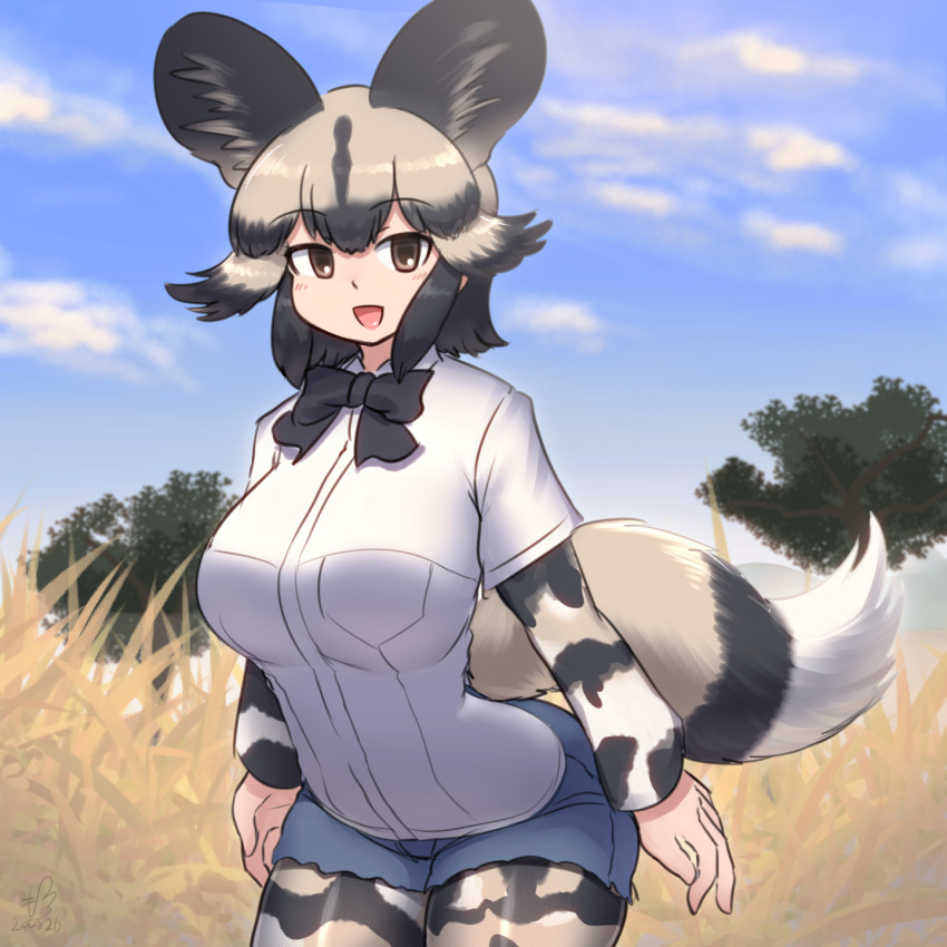 african_wild_dog_(kemono_friends) african_wild_dog_print animal_ears black_hair blush bow bowtie breasts curvy day denim denim_shorts dog_ears dog_tail female gloves grass grasslands highres kemono_friends large_breasts long_sleeves mo23 multicolored_hair open_mouth outdoors savannah shirt short_hair short_sleeves shorts sky smile tail tree