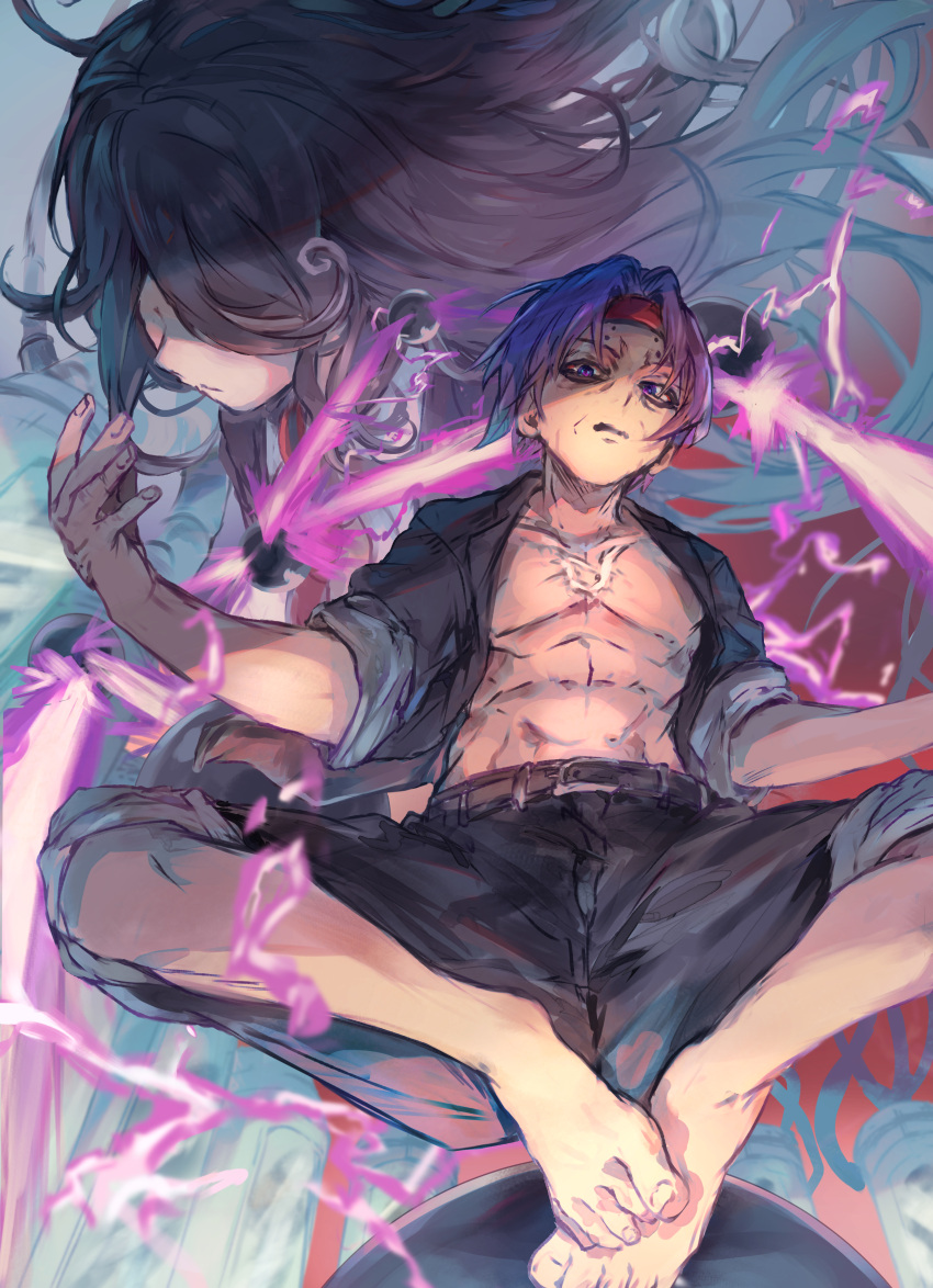 1boy absurdres barefoot belt black_hair black_shorts blue_eyes female hands_up headband highres ichiko_nemuri jowls kushiro_(kushiro46) long_hair nico_vorgeil open_clothes open_shirt piercing purple_hair red_headband short_hair shorts toned toned_male undead_unluck very_long_hair