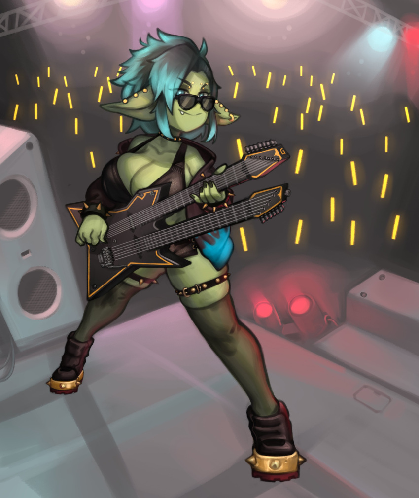 2020 5_fingers absurd_res big_breasts black_clothing black_topwear blue_eyes blue_highlights bracelet breasts cleavage clothed clothed_female clothed_humanoid clothing collar concert crowd digital_media_(artwork) double-neck_guitar ear_piercing ear_ring electric_guitar eye_through_hair eyebrow_piercing eyebrows eyeshadow eyewear facial_piercing female female_humanoid fingers footwear full-length_portrait glowstick goblin green_body green_ears green_face green_skin group guitar hair hi_res highlights_(coloring) holding_guitar holding_musical_instrument holding_object humanoid jewelry kelvin_hiu legband legwear leora_(kibix1) looking_at_viewer makeup musical_instrument musician not_furry on_stage piercing plucked_string_instrument portrait ring_piercing smile snaggle_tooth speaker spiked_bracelet spiked_legband spiked_thighband spikes stage stage_lights stockings string_instrument sunglasses thighband topwear translucent translucent_hair