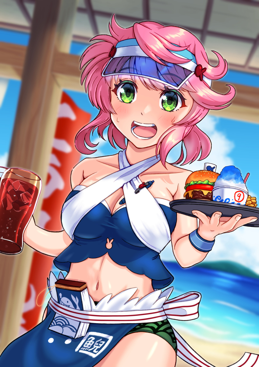 blue_hat blue_sarong blue_sky blue_tube_top blush breasts burger circled_9 cloud cola commentary_request cowboy_shot criss-cross_straps cup dutch_angle female food french_fries green_eyes hat highres holding holding_tray jouzou looking_at_viewer medium_bangs medium_breasts midriff navel notepad okunoda_miyoi okunoda_miyoi_(waitress_of_beach_house_kourindou) open_mouth outdoors pink_hair sarong shaved_ice short_hair sky smile solo strapless teeth touhou touhou_lostword tray tube_top visor_cap