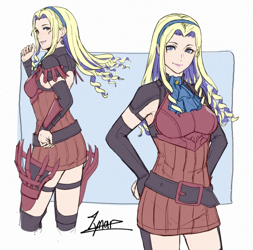 ascot blonde_hair blue_ascot cm_lynarc constance_von_nuvelle drill_hair drill_sidelocks female fire_emblem fire_emblem:_three_houses highres looking_at_viewer multicolored_hair multiple_views purple_hair sidelocks two-tone_hair