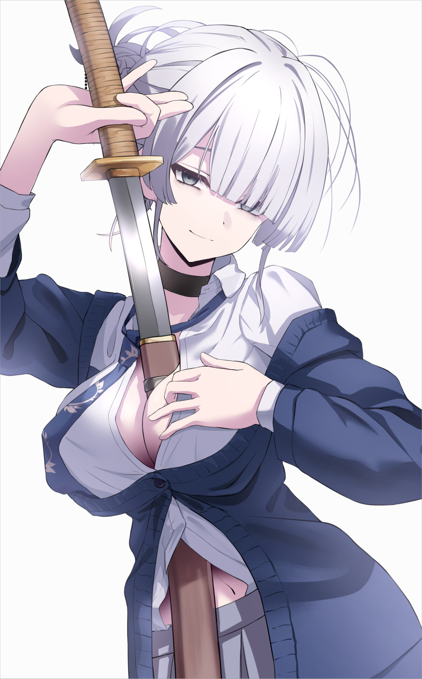 absurdres ars_rg0412 bags_under_eyes black_choker blue_necktie breasts cardigan choker cleavage female grey_eyes hair_ornament hair_stick highres itokonoue_kaoru katana loose_hair_strand loose_necktie navel necktie open_collar paizuri project_kv solo sword weapon