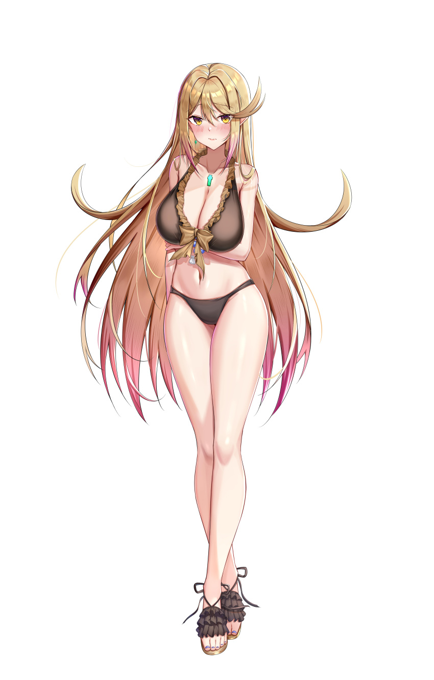 absurdres alternate_costume arm_under_breasts backon bikini blonde_hair blush bow breasts brown_bikini brown_footwear cleavage closed_mouth collarbone commission cosplay female fire_emblem fire_emblem:_three_houses fire_emblem_heroes frilled_bikini frilled_footwear frills full_body highres large_breasts long_hair looking_at_viewer mercedes_von_martritz mercedes_von_martritz_(cosplay) mercedes_von_martritz_(summer) mythra_(xenoblade) nail_polish navel pixiv_commission purple_nails sandals simple_background solo standing stomach swimsuit tachi-e toenail_polish toenails variant_set white_background xenoblade_chronicles_(series) xenoblade_chronicles_2 yellow_eyes