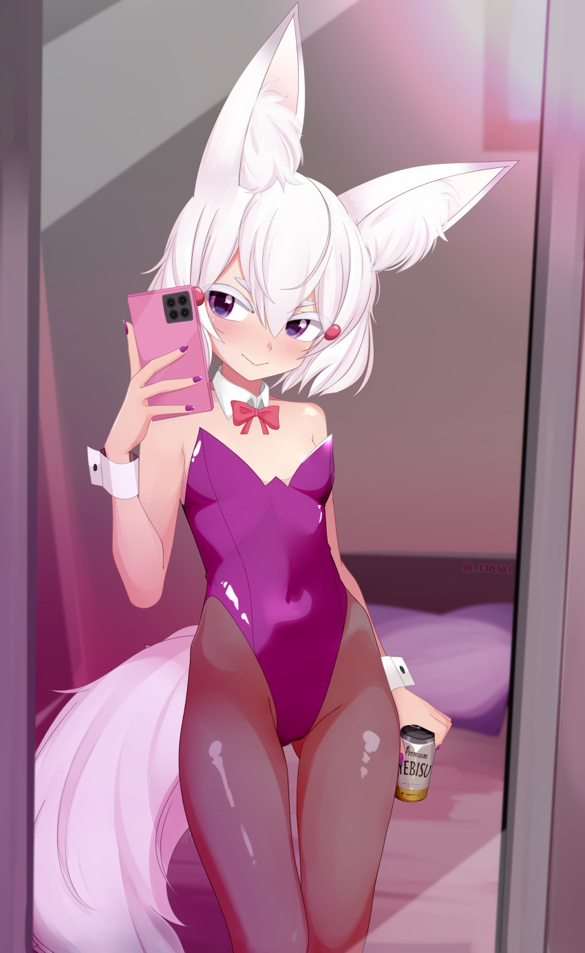 absurdres alternate_costume animal_ear_fluff animal_ears bare_shoulders beer_can black_nails bow bowtie breasts can cellphone chenki_(chenki) collar detached_collar drink_can female fishnet_pantyhose fishnets fox_ears fox_girl fox_tail full-length_mirror highres holding holding_can holding_phone leotard looking_at_mirror mirror nail_polish pantyhose phase_connect phone playboy_bunny purple_eyes purple_leotard red_bow red_bowtie selfie small_breasts smartphone smile solo strapless strapless_leotard tail tenma_maemi virtual_youtuber white_collar white_eyes white_hair white_wrist_cuffs wrist_cuffs yebisu