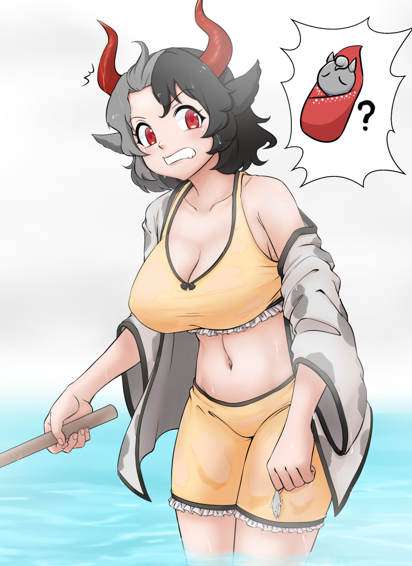 ? absurdres animal animal_ears animal_print asymmetrical_bangs big_mouse black_hair blush breasts cleavage clenched_teeth commentary_request cow_ears cow_girl cow_horns cow_print cowboy_shot female fish fishing_rod frilled_shorts frills grey_hair grey_jacket haori highres holding holding_animal holding_fish holding_fishing_rod horns jacket jacket_partially_removed japanese_clothes large_breasts looking_at_viewer medium_bangs midriff multicolored_hair navel notice_lines partially_submerged shirt short_hair shorts solo split-color_hair sports_bra teeth touhou two-tone_hair ushizaki_urumi water wet wet_clothes wet_shirt wet_shorts yellow_shorts yellow_sports_bra