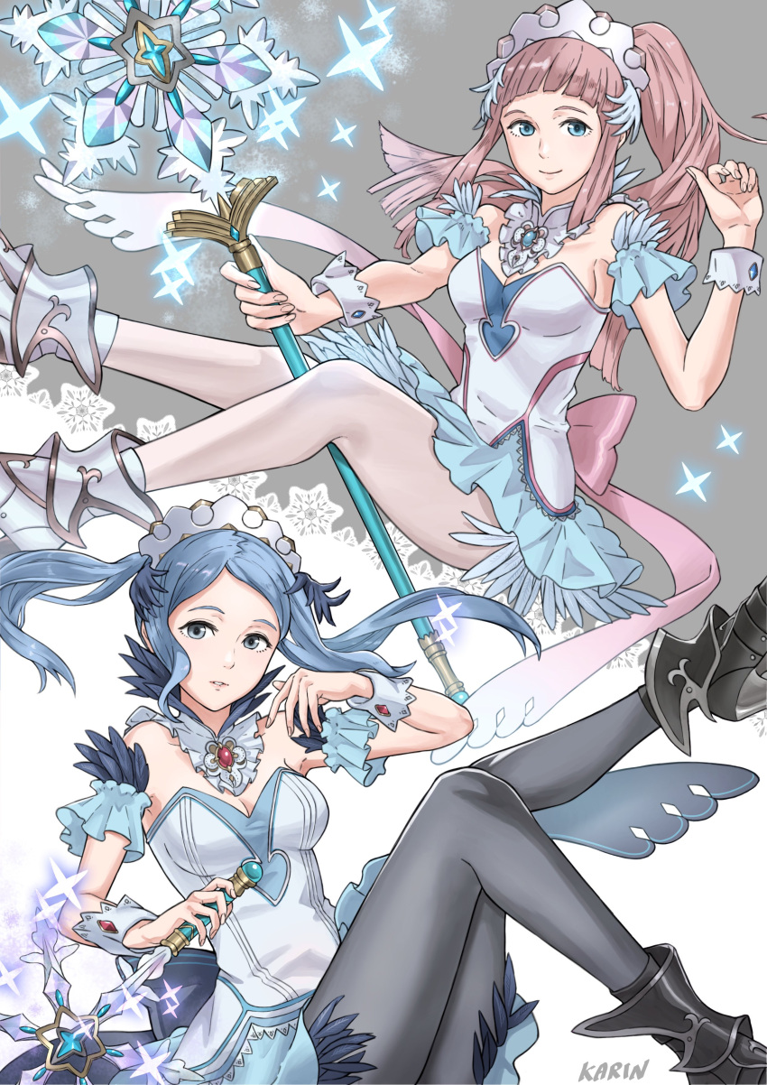 2girls 6nutqd2kwd0iqcl absurdres aqua_eyes axe breasts cleavage dress feather_trim felicia_(fire_emblem) felicia_(ice)_(fire_emblem) fire_emblem fire_emblem_fates fire_emblem_heroes flora_(fire_emblem) flora_(ice)_(fire_emblem) highres holding holding_axe holding_weapon leggings long_hair looking_at_viewer maid maid_headdress medium_breasts multiple_girls official_alternate_costume pink_hair ponytail siblings simple_background sisters weapon white_dress white_leggings wrist_cuffs