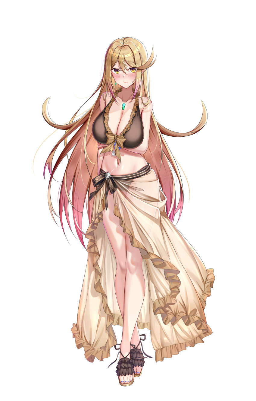 absurdres alternate_costume arm_under_breasts backon bikini blonde_hair blush bow breasts brown_bikini brown_footwear cleavage closed_mouth collarbone commission cosplay female fire_emblem fire_emblem:_three_houses fire_emblem_heroes frilled_bikini frilled_footwear frilled_sarong frills full_body highres large_breasts long_hair looking_at_viewer mercedes_von_martritz mercedes_von_martritz_(cosplay) mercedes_von_martritz_(summer) mythra_(xenoblade) nail_polish navel pixiv_commission purple_nails sandals sarong simple_background solo standing stomach swimsuit tachi-e toenail_polish toenails variant_set white_background xenoblade_chronicles_(series) xenoblade_chronicles_2 yellow_eyes yellow_sarong