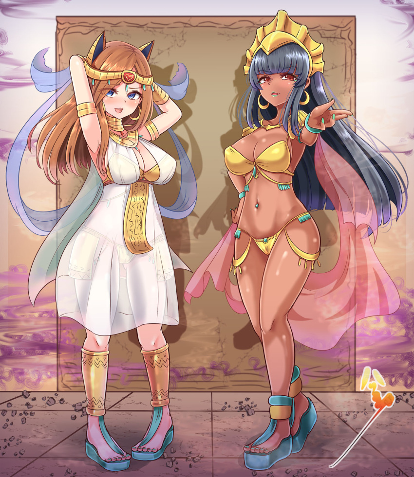 2girls animal_ears armlet arms_behind_head astarte_(castlevania) bikini black_hair blue_eyes bracelet breasts brown_hair cameltoe castlevania:_portrait_of_ruin castlevania_(series) charlotte_aulin cleavage dark_skin dress earrings egyptian egyptian_clothes fake_animal_ears gold_bikini gold_jewelry hair_ornament harimao_(hanzou_uji) highres jewelry long_hair looking_at_viewer multiple_girls nail_polish navel red_eyes revealing_clothes sandals see-through see-through_dress swimsuit white_dress