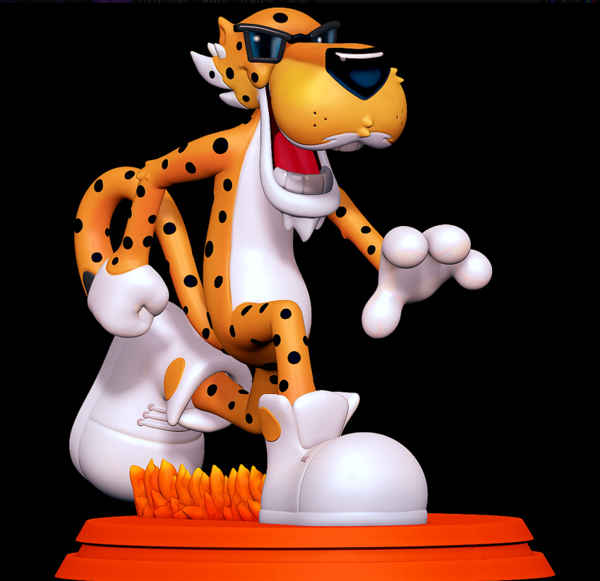 3d_(artwork) 3d_modeling 3d_print anthro breasts cheetah cheetos chester_cheetah digital_media_(artwork) eyewear felid feline fire fist fur hi_res male mammal mascot open_mouth orange_body running sillytoys simple_background solo spots stage sunglasses