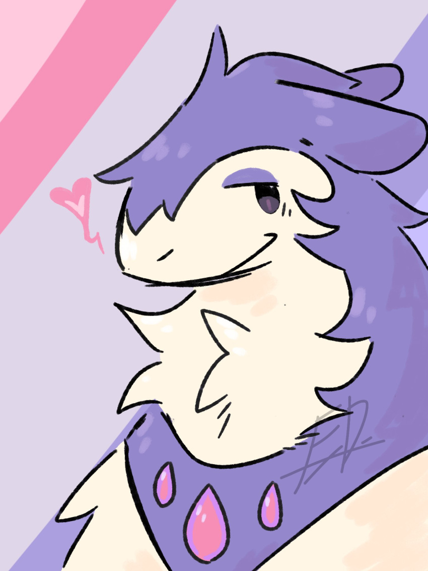 2023 3:4 anthro bust_portrait casual_nudity cel_shading chest_tuft closed_smile digital_media_(artwork) fur generation_2_pokemon heart_symbol hi_res mammal mouth_closed multicolored_body multicolored_fur nintendo nude onlyygaru pink_background pokemon pokemon_(species) portrait purple_body purple_fur shaded signature simple_background smile solo tan_body tan_fur three-quarter_view tuft two_tone_body two_tone_fur typhlosion