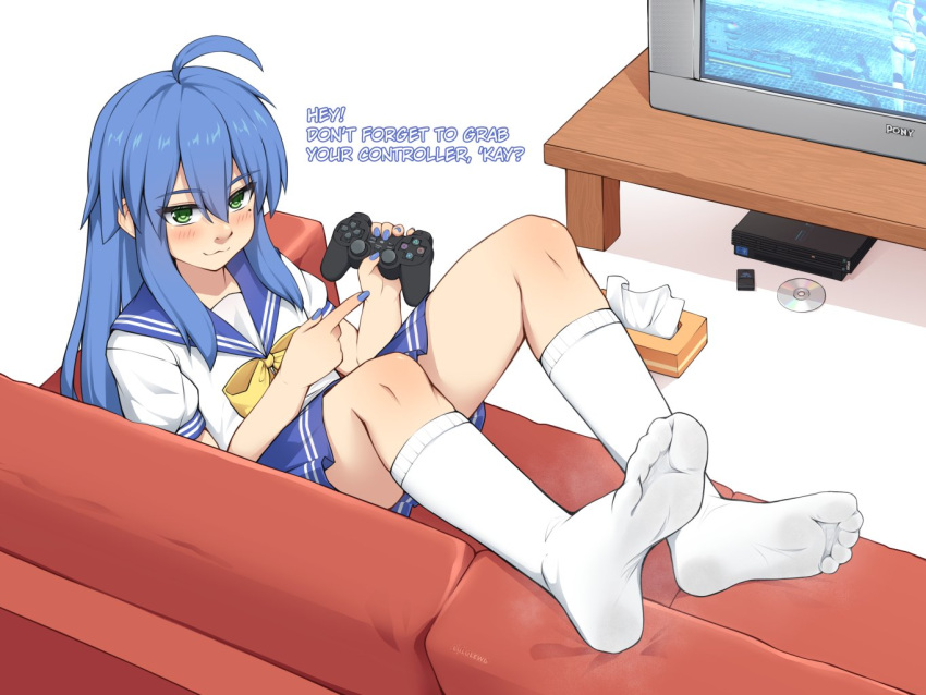 :3 ahoge blue_hair blue_nails blue_sailor_collar blush bow bowtie closed_mouth commentary controller couch crt english_commentary english_text feet female foreshortening full_body game_console game_controller green_eyes hair_between_eyes hands_up holding holding_controller holding_game_controller izumi_konata knees_up legs long_hair lucky_star lululewd miniskirt mole mole_under_eye no_shoes on_couch playstation_2 playstation_controller pleated_skirt pointing ryouou_school_uniform sailor_collar school_uniform serafuku sidelocks skirt smell socks soles solo star_wars steaming_body tissue_box toes white_socks yellow_bow yellow_bowtie