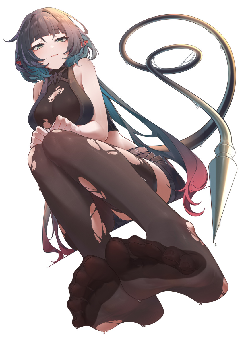 absurdres animal_ears bare_shoulders black_hair black_pantyhose black_shorts breasts chan_sang feet female foot_focus from_below green_eyes green_hair highres jane_doe_(zenless_zone_zero) large_breasts legs long_hair long_tail looking_at_viewer mouse_ears mouse_girl mouse_tail multicolored_hair necktie no_shoes pantyhose red_hair sharp_tail shorts sitting smile soles solo tail thighhighs toes torn_clothes torn_pantyhose torn_thighhighs two-tone_necktie zenless_zone_zero