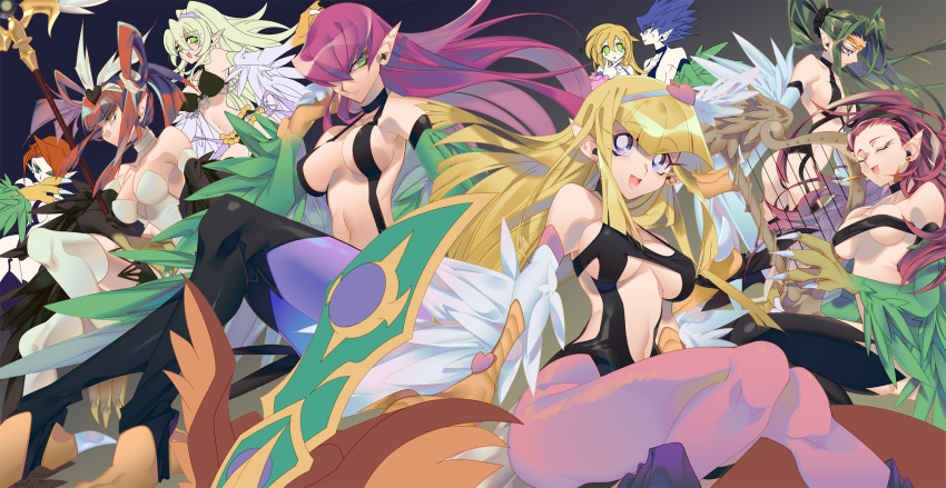 6+girls bare_shoulders bikini black_bikini blonde_hair blue_hair breasts brown_hair dark_magician_girl duel_monster feathered_wings green_eyes green_hair group_picture harpie's_pet_dragon harpie_channeler harpie_dancer harpie_girl_(yu-gi-oh!) harpie_harpist harpie_lady harpie_lady_1 harpie_lady_2 harpie_lady_3 harpie_queen high_ponytail highres large_breasts leotard long_hair medium_breasts misaka_(missa) multiple_girls pantyhose pointy_ears purple_hair purple_pantyhose revealing_clothes swimsuit thighhighs unfinished white_leotard white_thighhighs winged_arms wings yu-gi-oh!