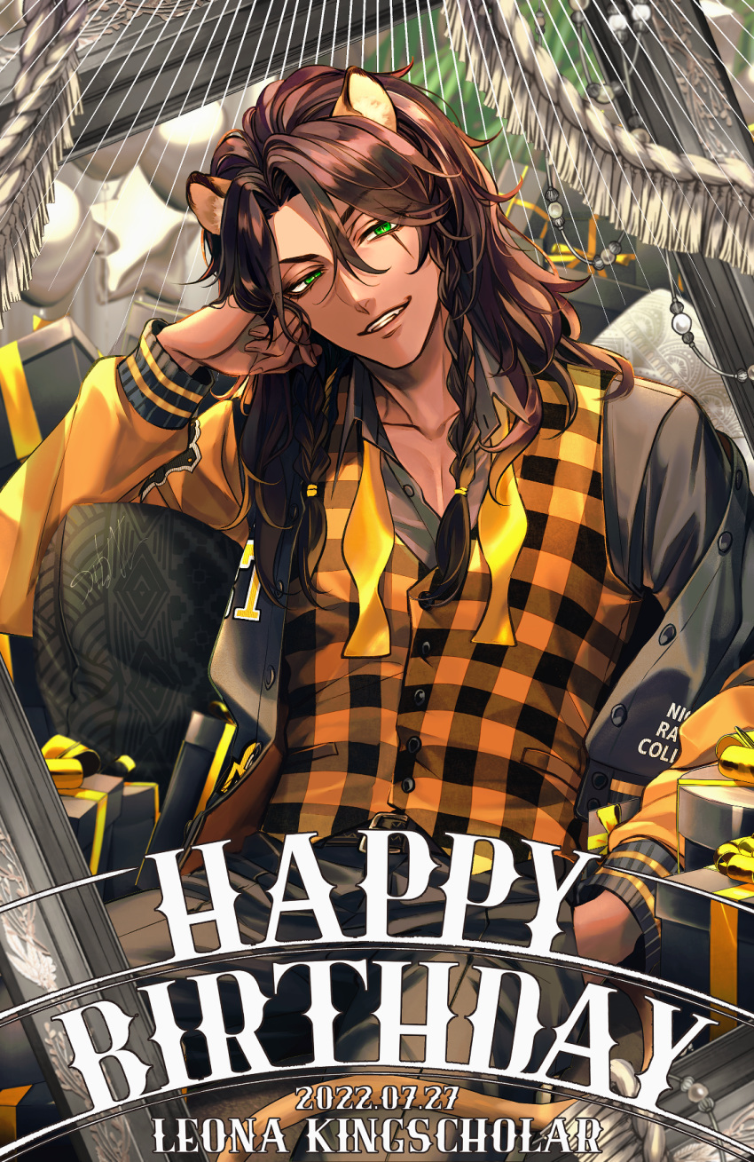 1boy animal_ears birthday braid brown_hair commentary_request cowboy_shot dated green_eyes hand_in_pocket happy_birthday highres jacket leona_kingscholar letterman_jacket lion_boy lion_ears long_hair looking_at_viewer male_focus pectoral_cleavage pectorals redrabbit44 scar scar_across_eye sitting solo twin_braids twisted_wonderland vest