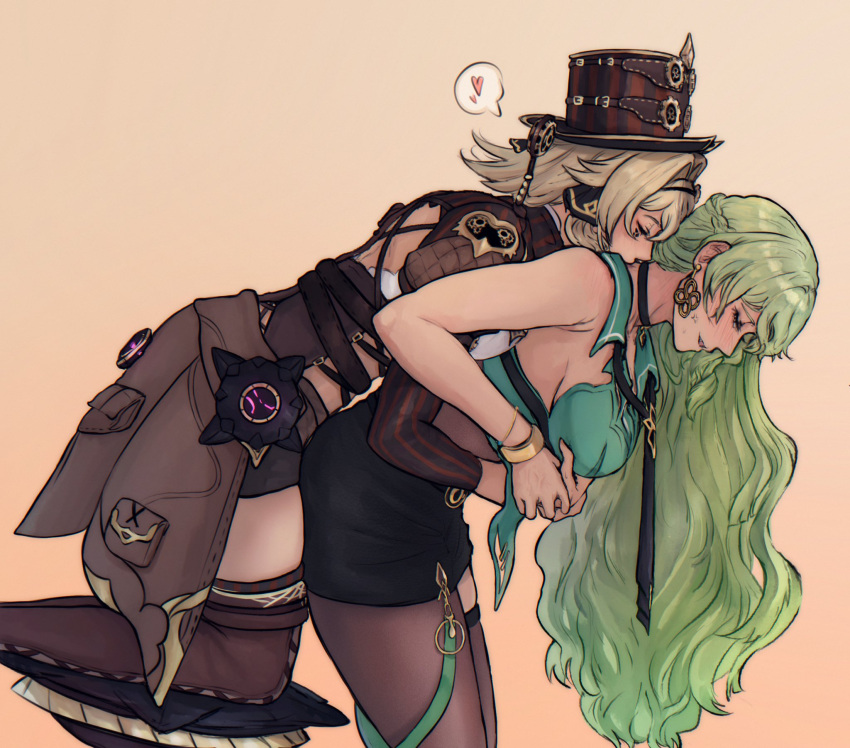 2girls bent_over black_choker black_necktie black_skirt boots breasts brown_footwear brown_hair brown_hat choker closed_mouth commentary earrings english_commentary farcicalhelix green_shirt hair_intakes half_up_braid hat heart highres honkai_(series) honkai_impact_3rd jewelry kissing kissing_neck large_breasts long_hair long_sleeves loose_necktie mobius_(honkai_impact) multiple_girls necktie pantyhose pencil_skirt shirt skirt smile spoken_heart thigh_boots top_hat vill-v wavy_hair yuri