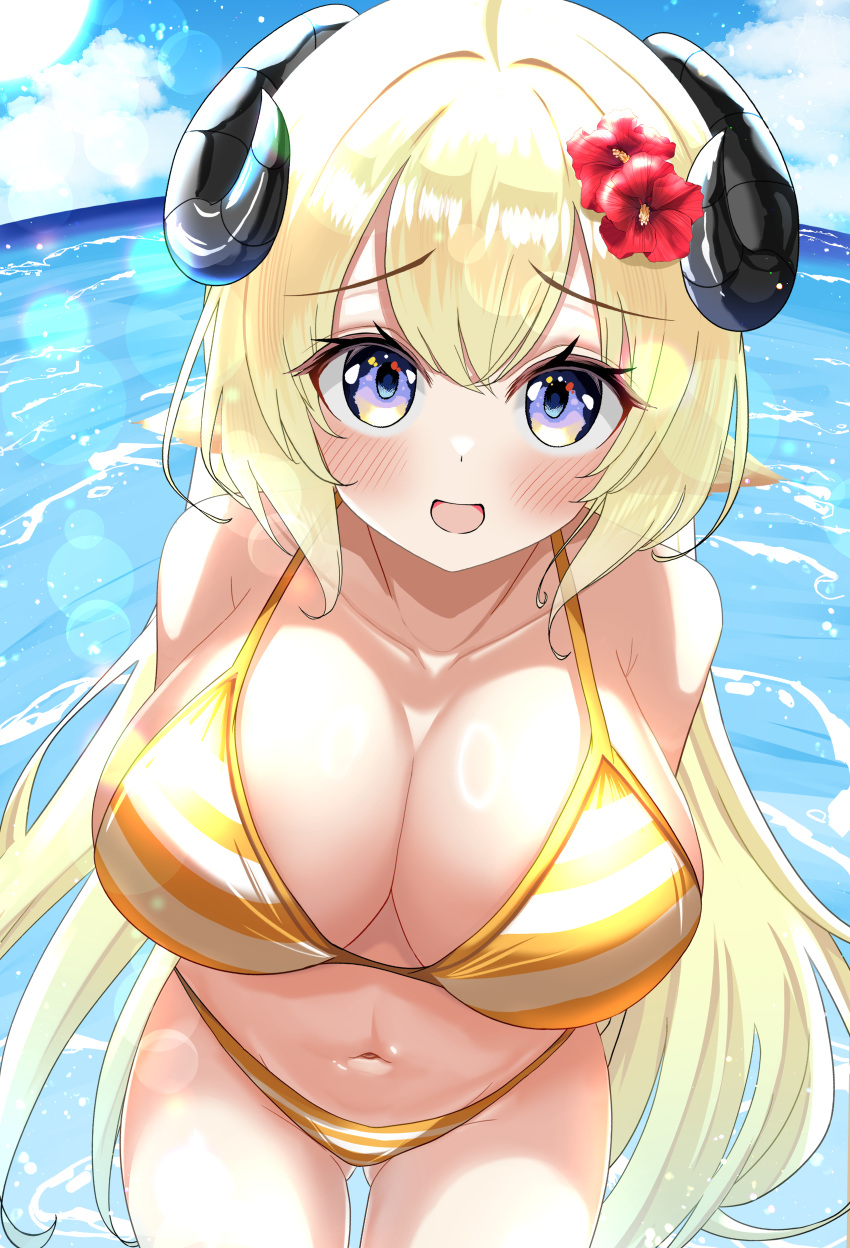 absurdres animal_ears arms_behind_back bare_shoulders bikini blonde_hair blush breasts cleavage collarbone commentary_request cosplay curled_horns day female flower hair_flower hair_ornament highres hololive horns inokeiwd large_breasts long_hair looking_at_viewer navel oozora_subaru oozora_subaru_(cosplay) oozora_subaru_(hololive_summer_2019) open_mouth orange_bikini outdoors purple_eyes red_flower sheep_ears sheep_girl sheep_horns solo stomach striped_bikini striped_clothes swimsuit tsunomaki_watame very_long_hair virtual_youtuber water