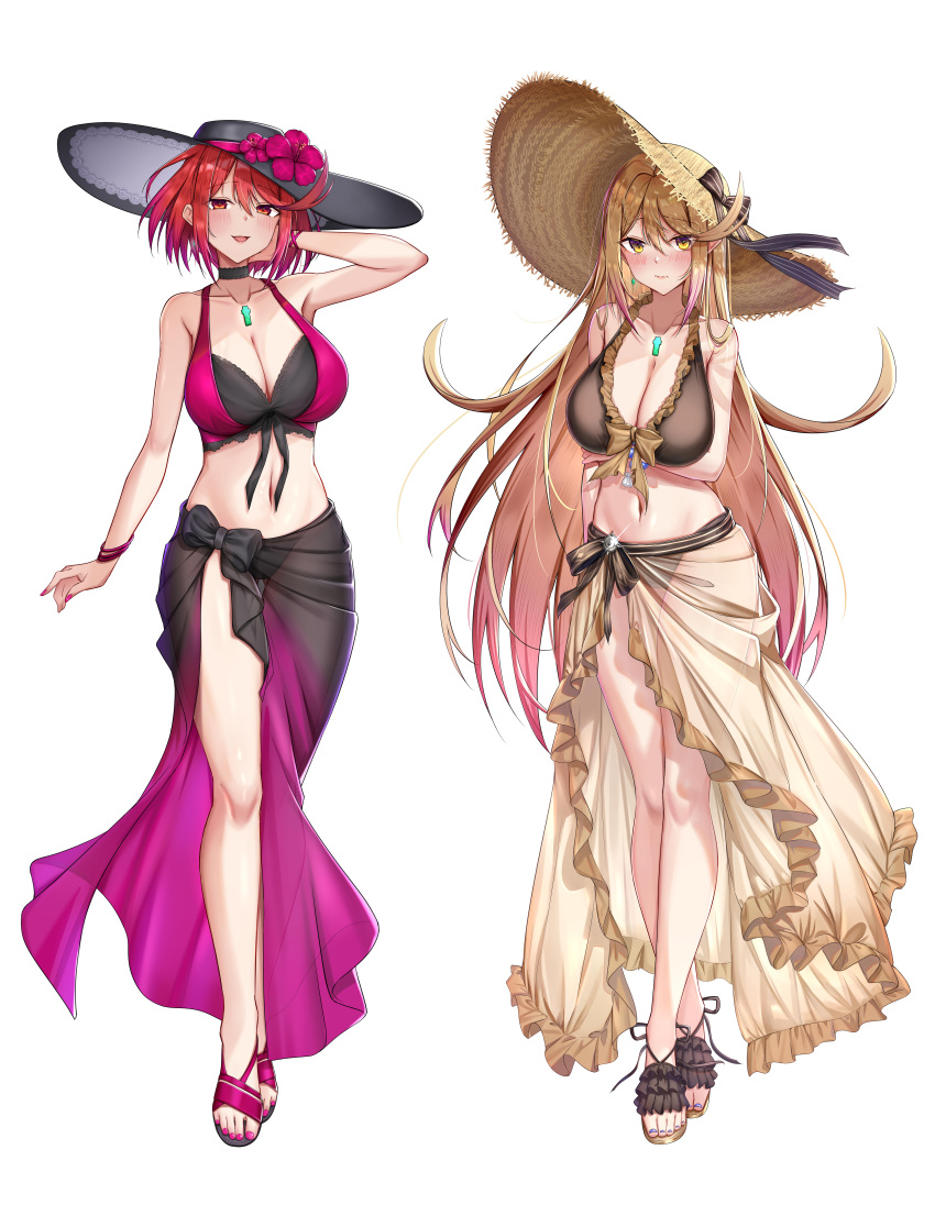 2girls absurdres adjusting_hair alternate_costume arm_under_breasts backon bikini black_bikini black_choker black_hat blonde_hair blush bow bracelet breasts brown_bikini brown_footwear choker cleavage closed_mouth collarbone commentary commission cosplay dorothea_arnault dorothea_arnault_(cosplay) dorothea_arnault_(summer) fire_emblem fire_emblem:_three_houses fire_emblem_heroes flower frilled_bikini frilled_choker frilled_footwear frilled_sarong frills full_body gradient_sarong hat hat_bow hat_flower highres jewelry large_breasts long_hair looking_at_viewer mercedes_von_martritz mercedes_von_martritz_(cosplay) mercedes_von_martritz_(summer) multiple_girls mythra_(xenoblade) nail_polish navel open_mouth pixiv_commission pyra_(xenoblade) red_bikini red_eyes red_footwear red_hair sandals sarong short_hair simple_background smile standing stomach sun_hat swimsuit toenail_polish toenails two-tone_bikini white_background xenoblade_chronicles_(series) xenoblade_chronicles_2 yellow_eyes