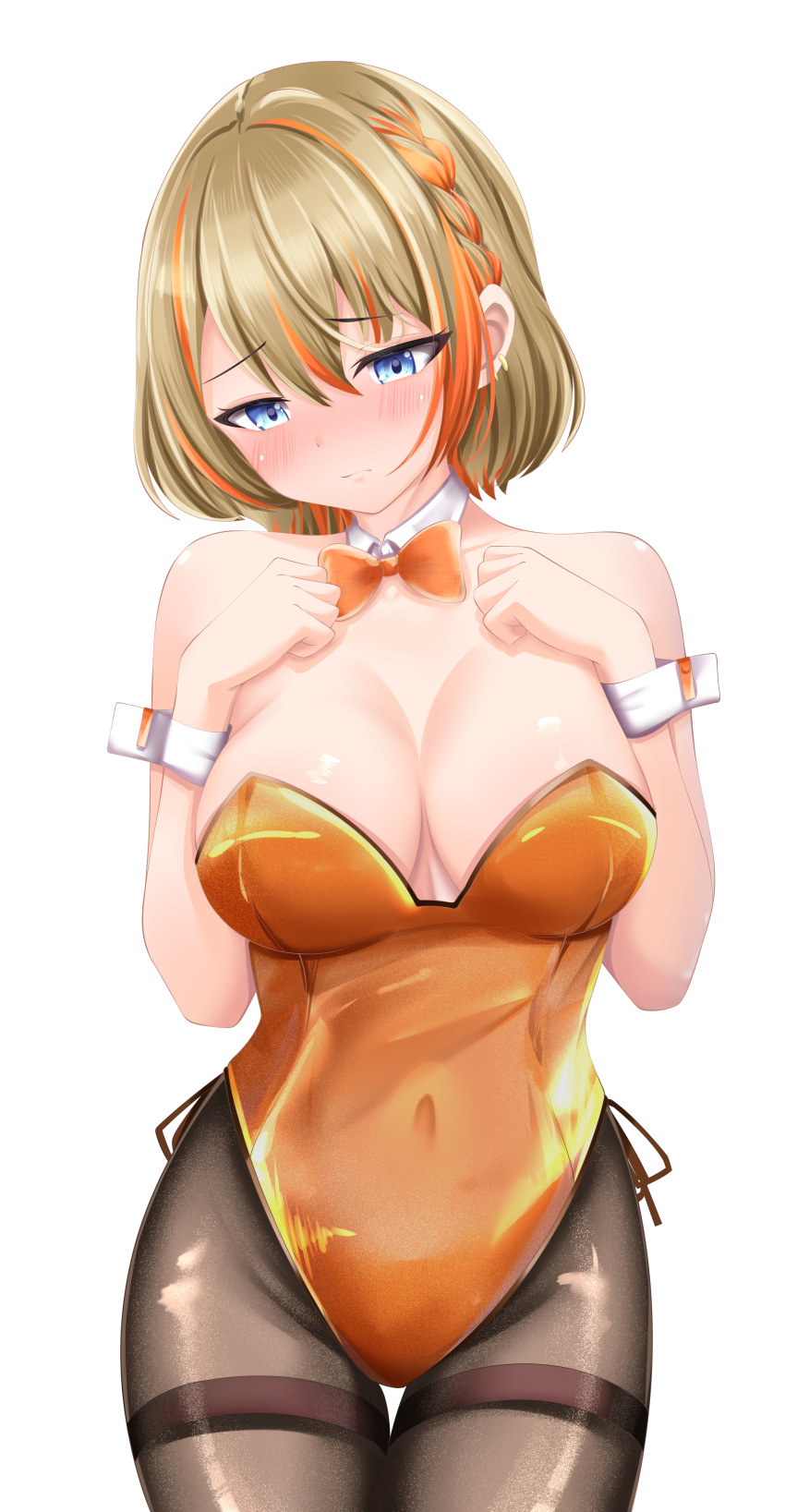 absurdres akai_watame alternate_costume blue_eyes blush bow bowtie breasts closed_mouth collar commentary_request covered_navel cowboy_shot detached_collar embarrassed female grey_pantyhose hair_between_eyes highres large_breasts leotard light_brown_hair looking_at_viewer medium_bangs multicolored_hair nanashi_inc. nose_blush orange_bow orange_bowtie orange_hair orange_leotard pantyhose short_hair simple_background solo strapless strapless_leotard thighband_pantyhose touri_sei two-tone_hair virtual_youtuber white_background white_collar wrist_cuffs