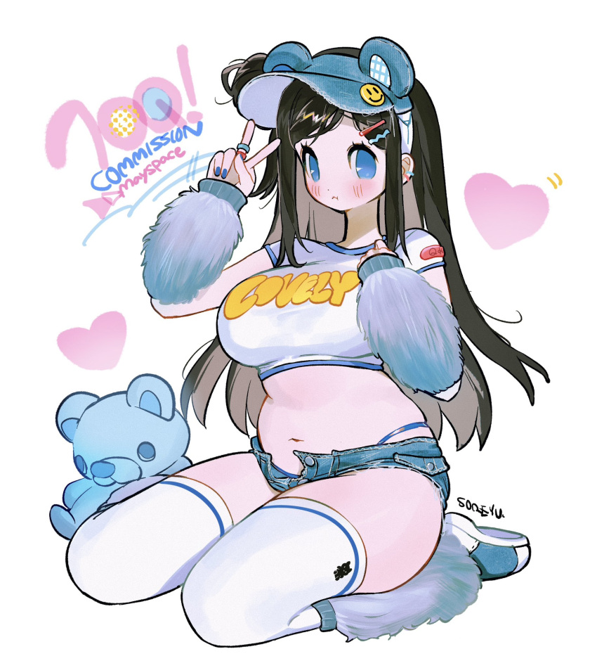 animal_ears belly black_hair blue_eyes blue_nails blue_panties blue_shorts blue_sleeves blush breasts brown_hair clenched_hand colored_inner_hair commission cropped_shirt denim denim_shorts detached_sleeves dot_nose ear_piercing english_text fake_animal_ears female fur_sleeves hand_on_own_chest hands_up heart highres jewelry large_breasts long_hair looking_at_viewer multicolored_hair navel no_pupils original panties panty_straps piercing plump pout ring seiza shirt short_shorts short_sleeves shorts signature simple_background sitting skeb_commission skindentation solo soreeyu_(sore-yu) straight_hair stuffed_animal stuffed_toy teddy_bear thighhighs three_quarter_view unbuttoned underwear v visor_cap white_background white_shirt white_thighhighs