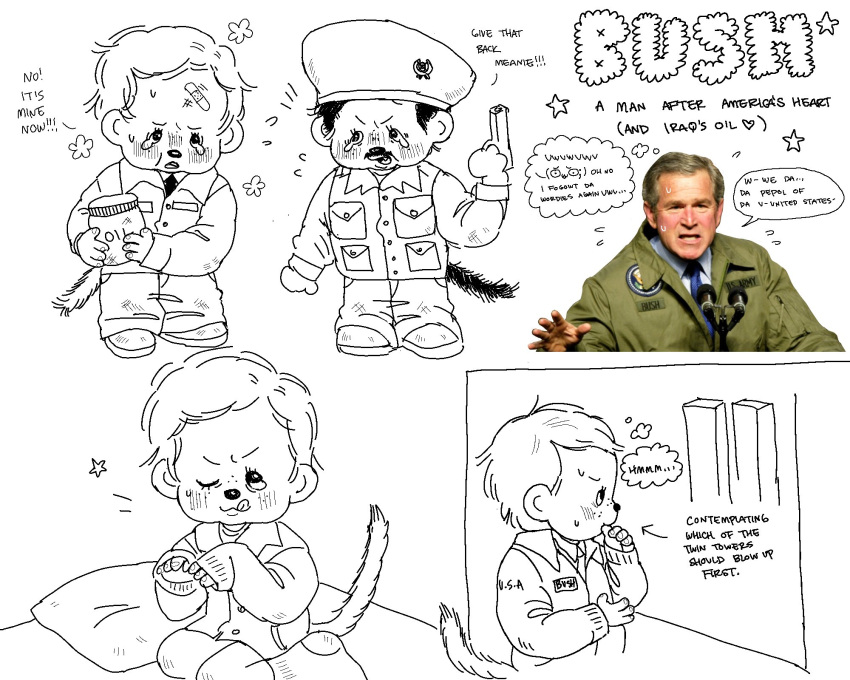 5:4 9/11 animal_nose animal_tail chibi clothing dialogue duo english_text facial_hair george_w._bush gun handgun hi_res holymilkmother human humanoid male mammal meme military_uniform moustache photo_manipulation pistol political_cartoon politics ranged_weapon saddam_hussein speech_bubble text uniform weapon